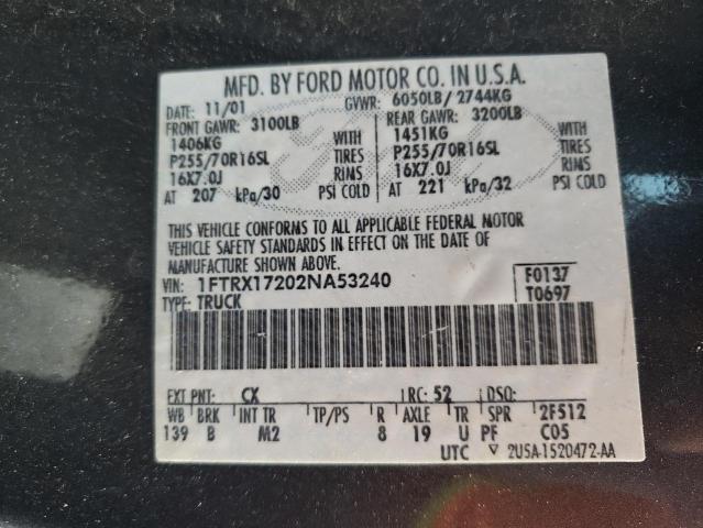 Photo 10 from auction – 2002 FORD F150 with VIN 1FTRX17202NA53240