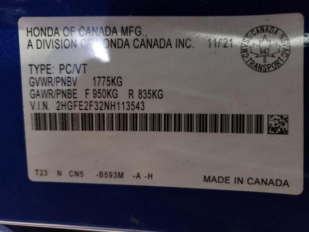 Photo 10 from auction – 2022 HONDA CIVIC EX with VIN 2HGFE2F32NH113543
