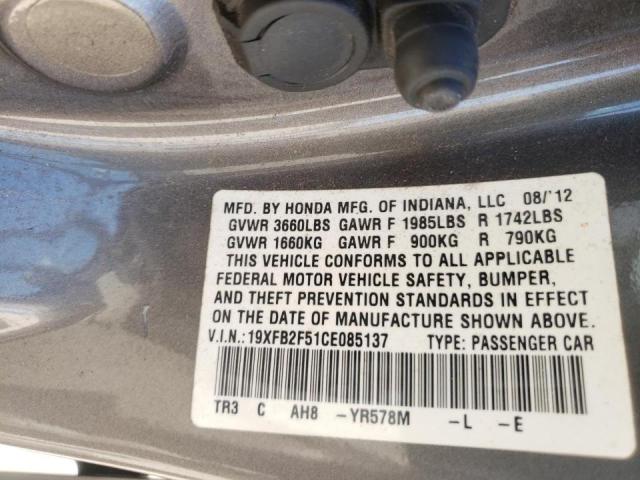 Photo 10 from auction – 2012 HONDA CIVIC LX with VIN 19XFB2F51CE085137