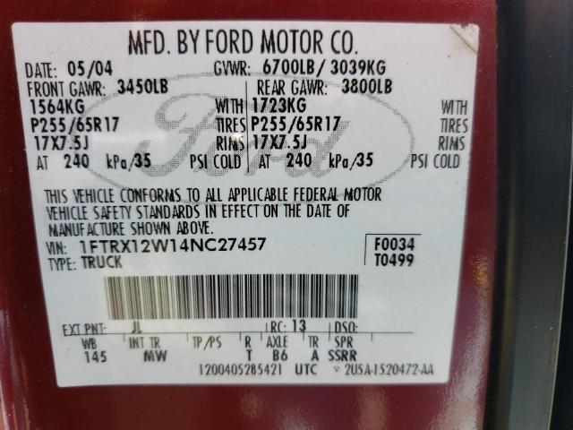 Photo 10 from auction – 2004 FORD F150 with VIN 1FTRX12W14NC27457