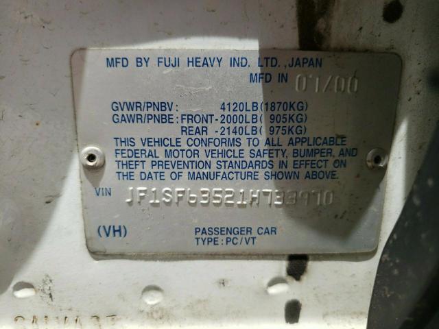 Photo 10 from auction – 2001 SUBARU FORESTER L with VIN JF1SF63521H733970