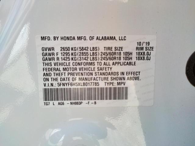 Photo 10 from auction – 2020 HONDA PILOT EXL with VIN 5FNYF6H5XLB017785
