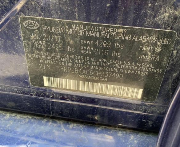 Photo 10 from auction – 2012 HYUNDAI SONATA GLS with VIN 5NPEB4AC6CH337490