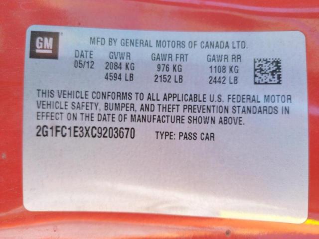 Photo 10 from auction – 2012 CHEVROLET CAMARO LT with VIN 2G1FC1E3XC9203670