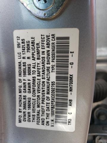 Photo 10 from auction – 2012 HONDA CIVIC LX with VIN 19XFB2F5XCE092765