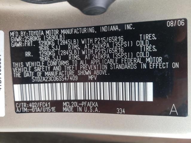 Photo 10 from auction – 2006 TOYOTA SIENNA CE with VIN 5TDZA23C06S547409