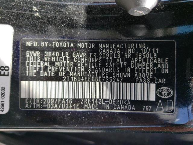 Photo 10 from auction – 2011 TOYOTA COROLLA BA with VIN 2T1BU4EE6BC725247