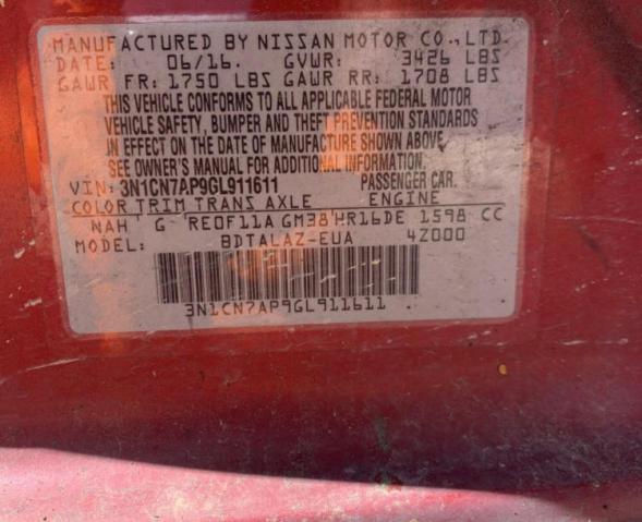 Photo 10 from auction – 2016 NISSAN VERSA S with VIN 3N1CN7AP9GL911611