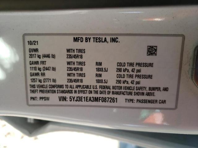 Photo 10 from auction – 2021 TESLA MODEL 3 with VIN 5YJ3E1EA3MF087261