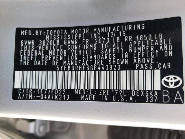 Photo 10 from auction – 2016 TOYOTA COROLLA S with VIN 5YFBURHE6GP443920