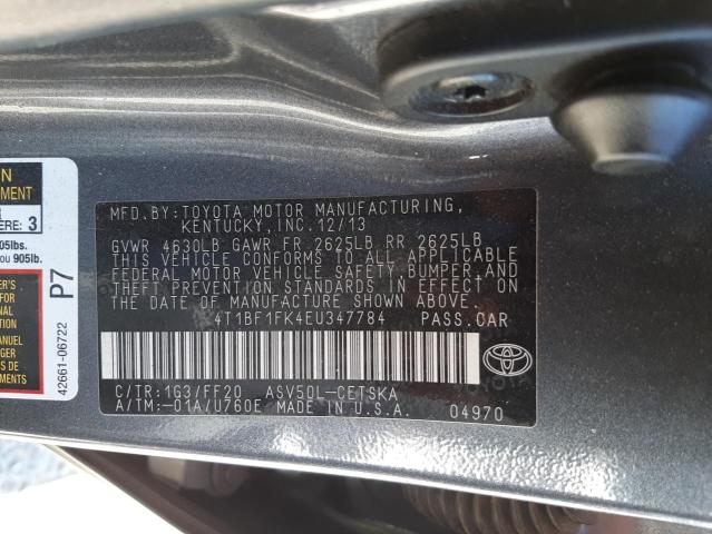Photo 10 from auction – 2014 TOYOTA CAMRY L with VIN 4T1BF1FK4EU347784