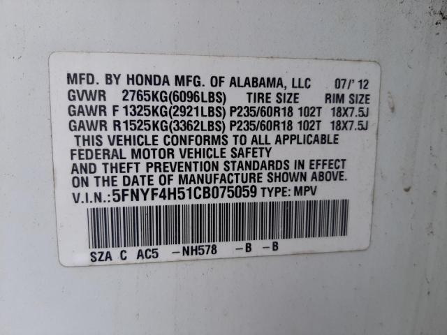Photo 10 from auction – 2012 HONDA PILOT EXL with VIN 5FNYF4H51CB075059