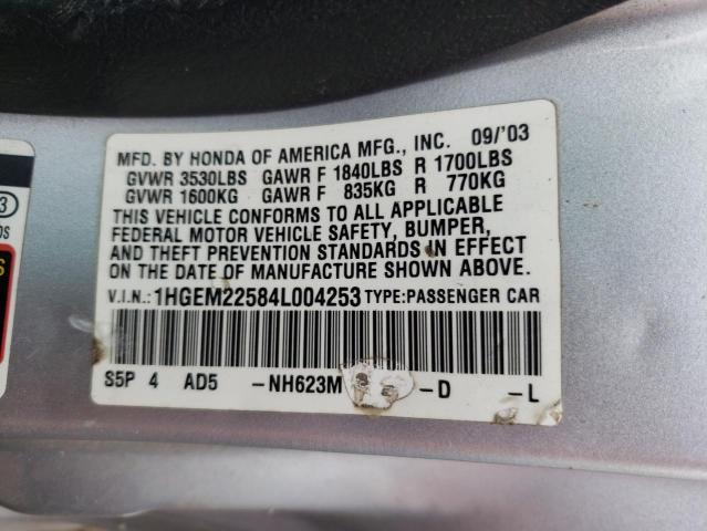 Photo 10 from auction – 2004 HONDA CIVIC LX with VIN 1HGEM22584L004253