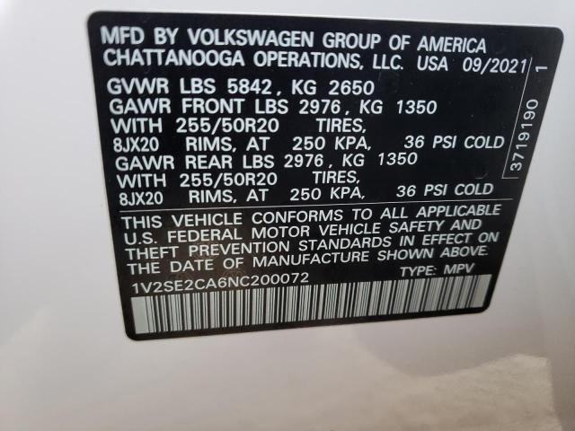 Photo 10 from auction – 2022 VOLKSWAGEN ATLAS CROS with VIN 1V2SE2CA6NC200072