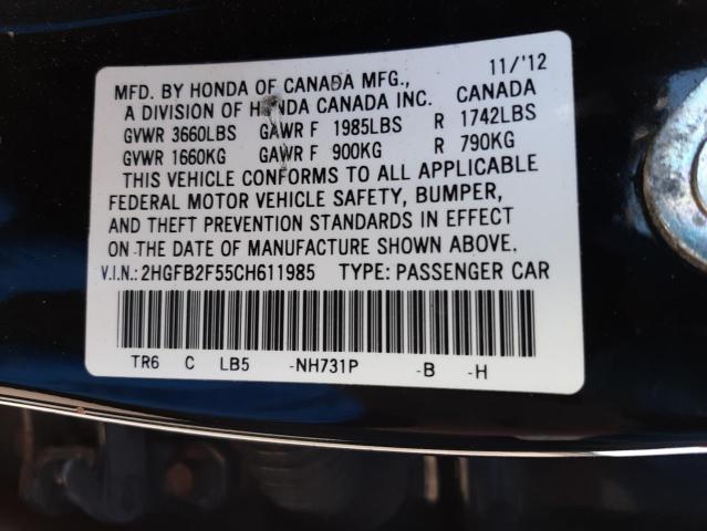 Photo 10 from auction – 2012 HONDA CIVIC LX with VIN 2HGFB2F55CH611985