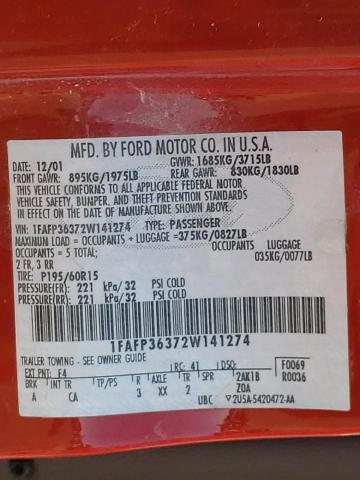 Photo 10 from auction – 2002 FORD FOCUS SE with VIN 1FAFP36372W141274