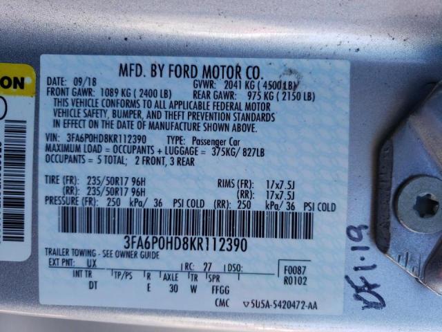 Photo 10 from auction – 2019 FORD FUSION SE with VIN 3FA6P0HD8KR112390