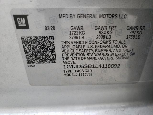 Photo 10 from auction – 2020 CHEVROLET SONIC LT with VIN 1G1JD5SB1L4118892