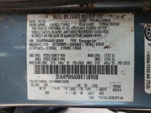 Photo 10 from auction – 2011 FORD FUSION SE with VIN 3FAHP0HA0BR158908