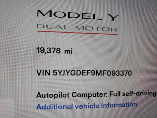 Photo 8 from auction – 2021 TESLA MODEL Y with VIN 5YJYGDEF9MF093370