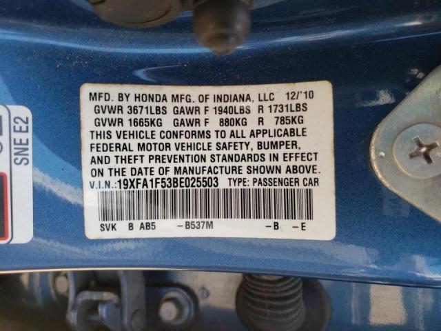 Photo 10 from auction – 2011 HONDA CIVIC LX with VIN 19XFA1F53BE025503