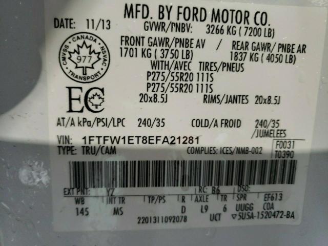 Photo 10 from auction – 2014 FORD F150 SUPER with VIN 1FTFW1ET8EFA21281