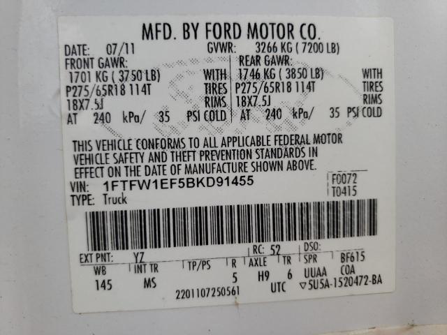 Photo 10 from auction – 2011 FORD F150 SUPER with VIN 1FTFW1EF5BKD91455