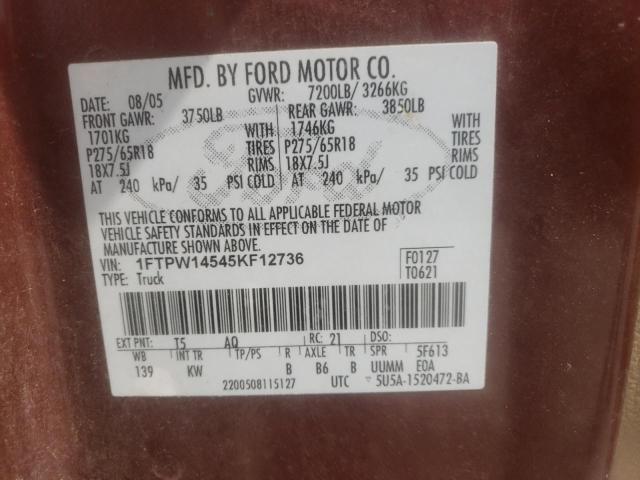 Photo 10 from auction – 2005 FORD F150 SUPER with VIN 1FTPW14545KF12736
