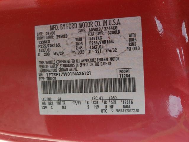 Photo 10 from auction – 2001 FORD F150 with VIN 1FTRF17W01NA36121