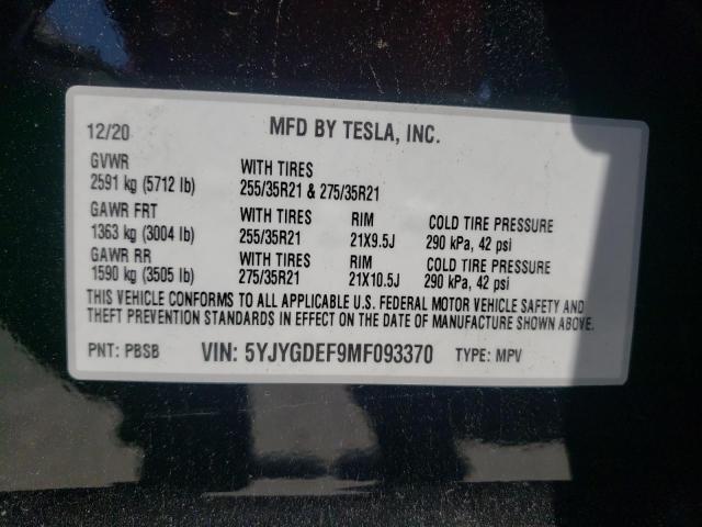 Photo 10 from auction – 2021 TESLA MODEL Y with VIN 5YJYGDEF9MF093370
