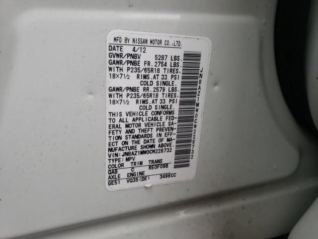 Photo 10 from auction – 2012 NISSAN MURANO S with VIN JN8AZ1MW0CW228732