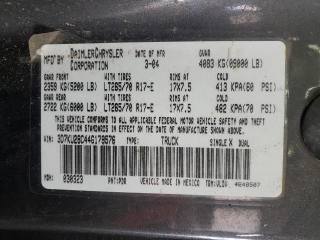 Photo 10 from auction – 2004 DODGE RAM 2500 S with VIN 3D7KU28C44G179576