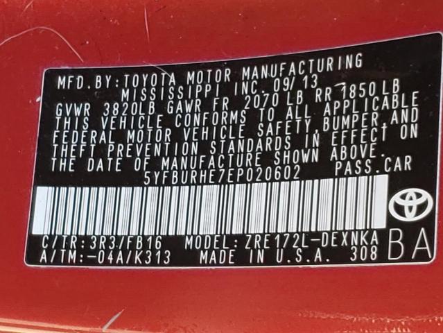Photo 10 from auction – 2014 TOYOTA COROLLA L with VIN 5YFBURHE7EP020602