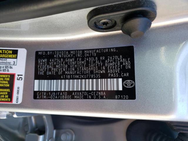 Photo 10 from auction – 2019 TOYOTA CAMRY with VIN 4T1B11HK2KU778535