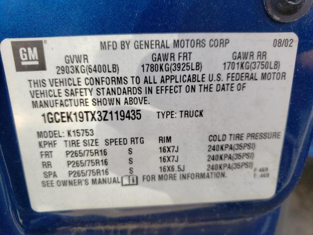 Photo 10 from auction – 2003 CHEVROLET SILVERADO with VIN 1GCEK19TX3Z119435