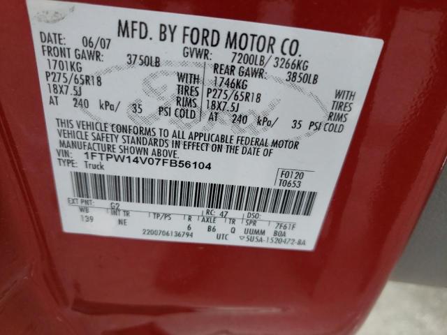 Photo 10 from auction – 2007 FORD F150 SUPER with VIN 1FTPW14V07FB56104