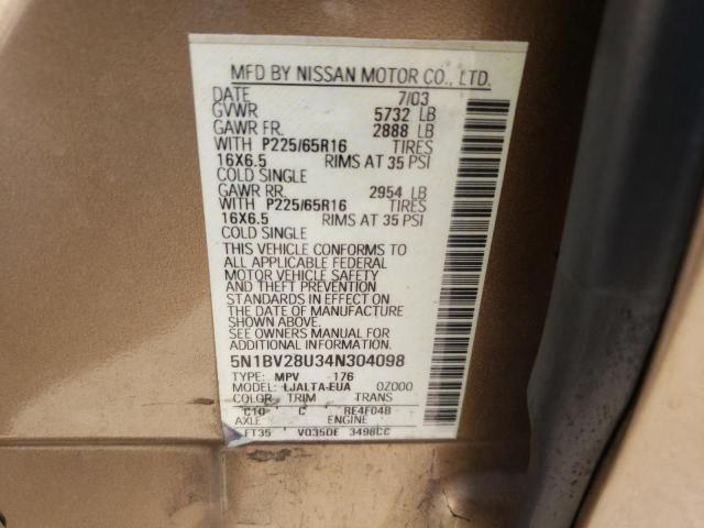 Photo 10 from auction – 2004 NISSAN QUEST S with VIN 5N1BV28U34N304098
