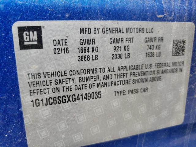 Photo 10 from auction – 2016 CHEVROLET SONIC LT with VIN 1G1JC6SGXG4149035