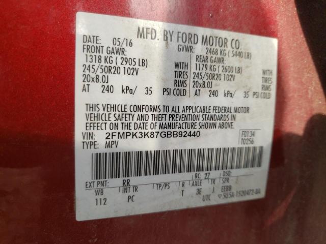 Photo 10 from auction – 2016 FORD EDGE TITAN with VIN 2FMPK3K87GBB92440