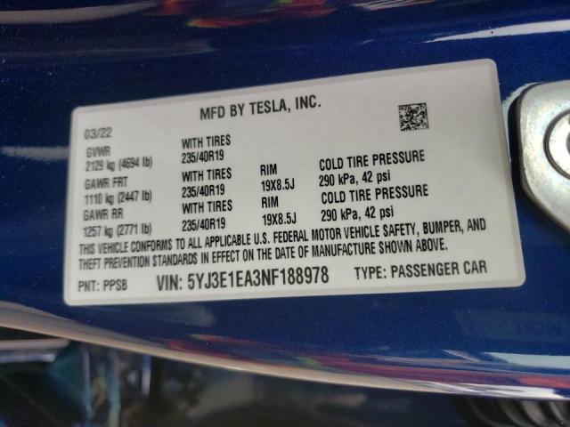 Photo 10 from auction – 2022 TESLA MODEL 3 with VIN 5YJ3E1EA3NF188978