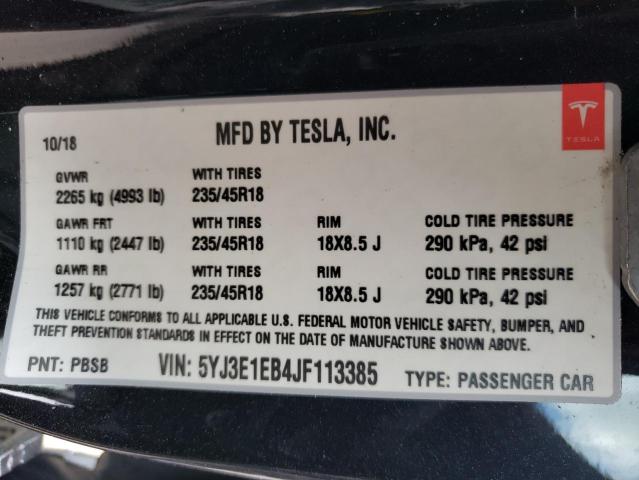 Photo 10 from auction – 2018 TESLA MODEL 3 with VIN 5YJ3E1EB4JF113385