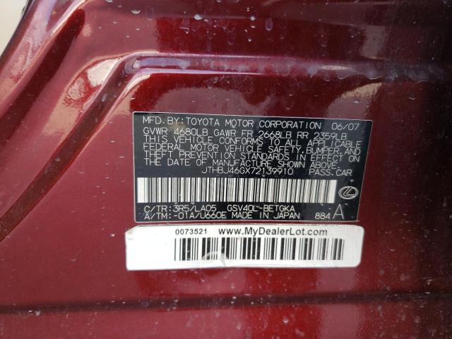 Photo 10 from auction – 2007 LEXUS ES 350 with VIN JTHBJ46GX72139910