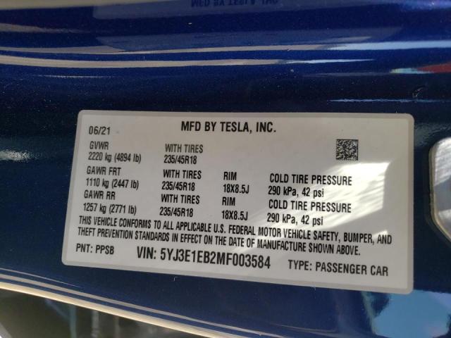 Photo 10 from auction – 2021 TESLA MODEL 3 with VIN 5YJ3E1EB2MF003584