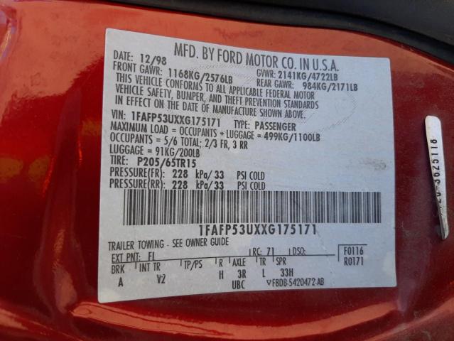 Photo 10 from auction – 1999 FORD TAURUS SE with VIN 1FAFP53UXXG175171