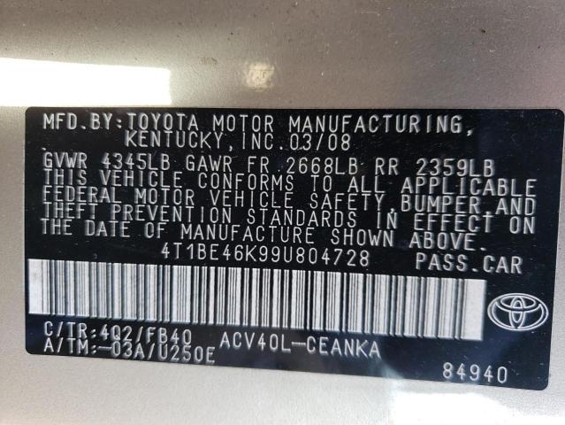 Photo 10 from auction – 2009 TOYOTA CAMRY BASE with VIN 4T1BE46K99U804728