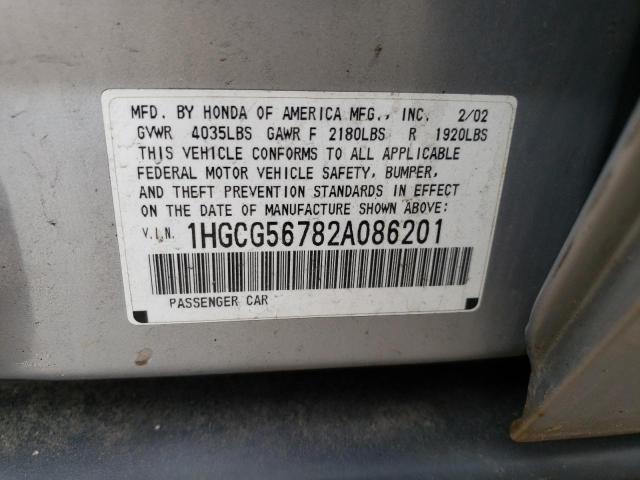 Photo 10 from auction – 2002 HONDA ACCORD SE with VIN 1HGCG56782A086201