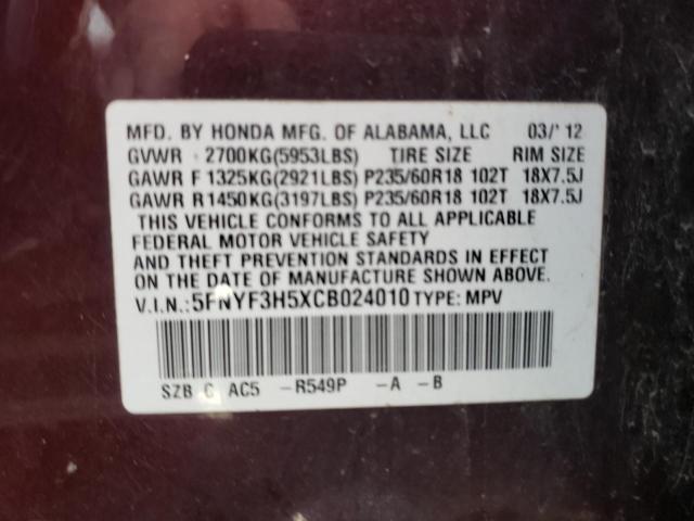 Photo 10 from auction – 2012 HONDA PILOT EXL with VIN 5FNYF3H5XCB024010