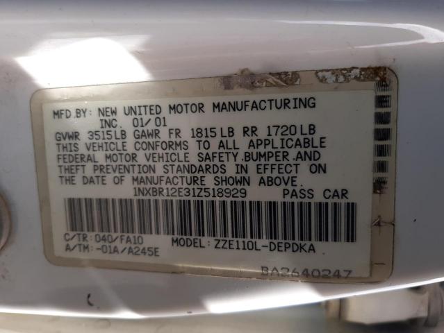 Photo 10 from auction – 2001 TOYOTA COROLLA CE with VIN 1NXBR12E31Z518929