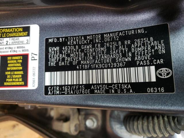 Photo 10 from auction – 2012 TOYOTA CAMRY BASE with VIN 4T1BF1FK9CU129367