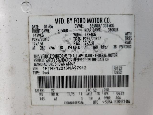 Photo 10 from auction – 2006 FORD F150 with VIN 1FTRF12216NA97912